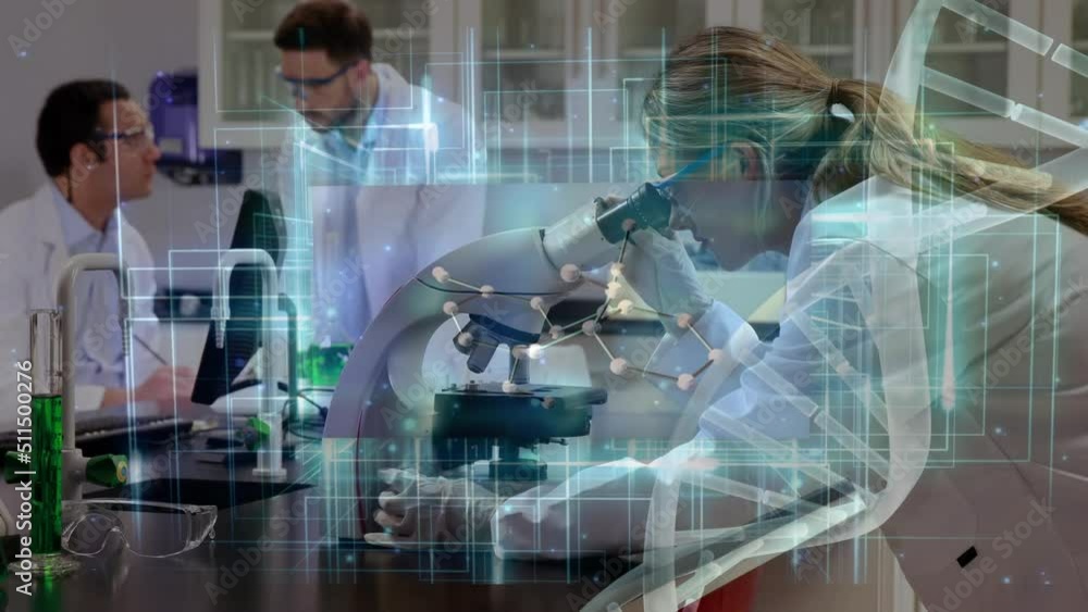 Poster dna structure and data processing against caucasian female scientist using microscope at laboratory