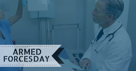 Animation of armed forces day over caucasian senior doctor - Powered by Adobe
