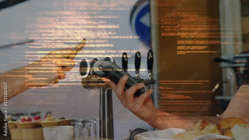 Poster data processing against mid section of a man making a payment using his smartphone