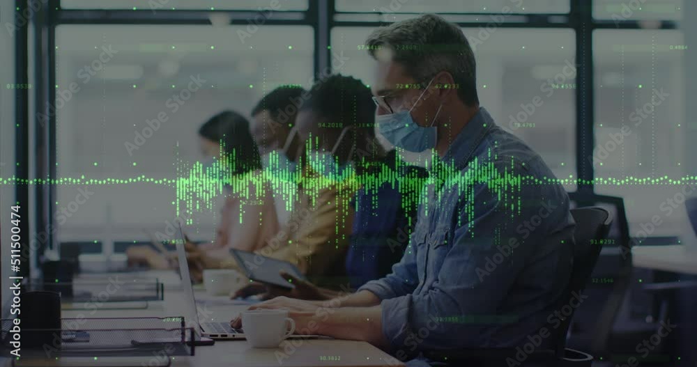 Poster statistical data processing against caucasian man wearing a face mask working at office