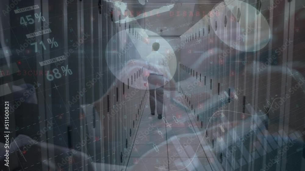 Poster statistical data processing over rear view of male scientist walking in computer server room