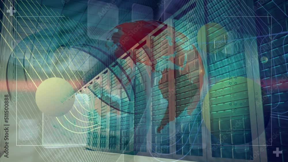 Poster Abstract shapes over spinning globe against empty computer server room