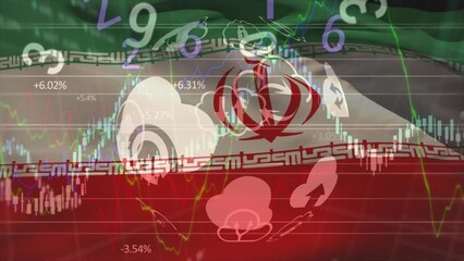 Animation of financial data processing with globe and numbers over flag of iran - Powered by Adobe