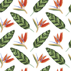 Watercolor seamless pattern with palm leaves, flowers, summer tropic background.