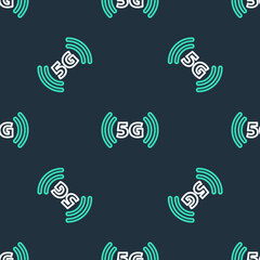 Line 5G new wireless internet wifi connection icon isolated seamless pattern on black background. Global network high speed connection data rate technology. Vector