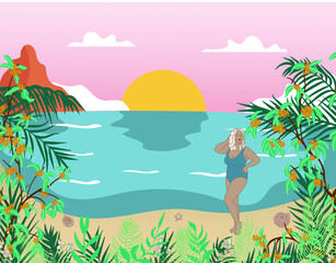 Fototapeta na wymiar tropical beach vector plus size girl posing on exotic shore