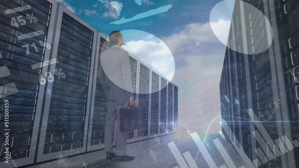 Poster statistical data processing over businessman around computer servers against clouds in the blue sky