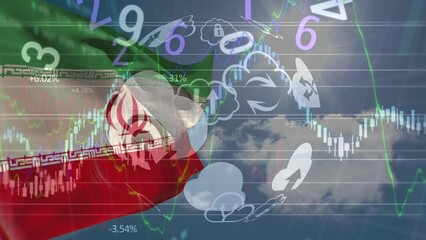 Animation of financial data processing and globe with numbers over flag of iran - Powered by Adobe