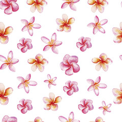 Watercolor seamless pattern with tropical flowers, summer floral background.