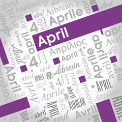 April word cloud written in Spanish, German, Portuguese, Italian, Japanese, Korean in gray with the English word highlighted in color