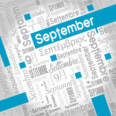September word cloud written in Spanish, German, Portuguese, Italian, Japanese, Korean in gray with the English word highlighted in color
