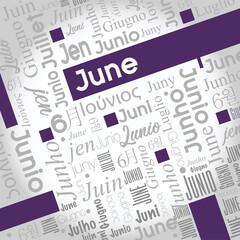 June word cloud written in Spanish, German, Portuguese, Italian, Japanese, Korean in gray with the English word highlighted in color