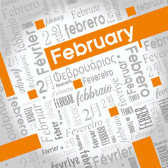 February word cloud written in Spanish, German, Portuguese, Italian, Japanese, Korean in gray with the English word highlighted in color