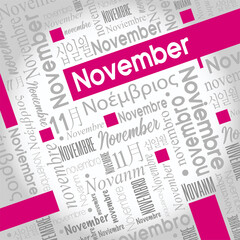 November word cloud written in Spanish, German, Portuguese, Italian, Japanese, Korean in gray with the English word highlighted in color