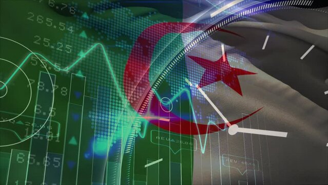 Animation of financial data processing and clock over flag of algeria