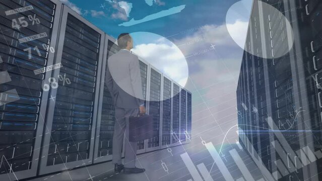 Statistical data processing over businessman around computer servers against clouds in the blue sky