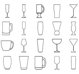 Glass line icon set. Drink glassware type - beer mug, whiskey shot, wineglass, teapot minimal vector illustration.