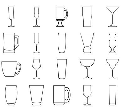 Glass line icon set. Drink glassware type - beer mug, whiskey shot, wineglass, teapot minimal vector illustration.