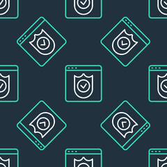 Line Browser with shield icon isolated seamless pattern on black background. Security, safety, protection, privacy concept. Vector