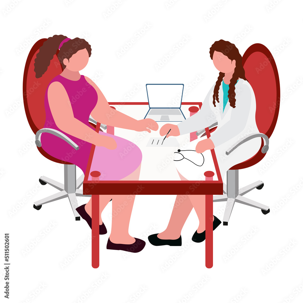 Poster Faceless Female Doctor Writes Prescription To Patient At Worktable On White Background.