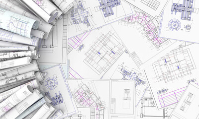 blueprints in roll row 3d illustration
