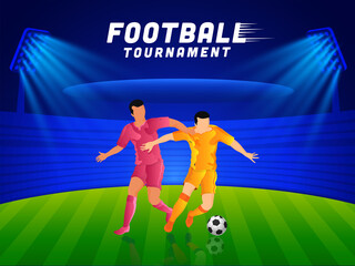 Football Tournament Concept With Faceless Footballer Players Of Participating Teams On Blue And Green Stadium Background.