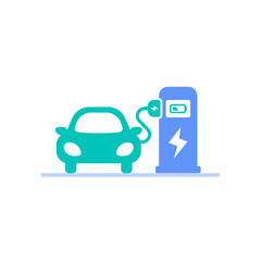 electric car charging battery on the energy refuel terminal station icon vector illustration. ev vehicle with plug in cable and charge spot symbol graphic design.