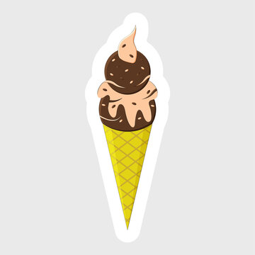 Sticker Style Ice Cream Cone On Gray Background.