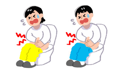 便座に座る腹痛の私服男女