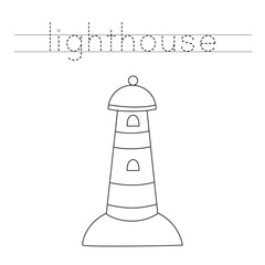 Trace the letters and color lighthouse. Handwriting practice for kids.