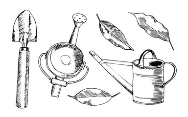 Garden tools with leaves on a white background. Set of graphic elements. Hand drawn vector illustration. Black and white outline sketches.
