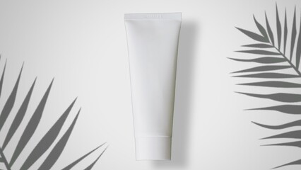 White Plastic Mockup Tube For Moisturizer, Lotion, Facial Cleanser Or Shampoo On Smudged Cream Surface Top View, Delicate Pure Skin Care Products.