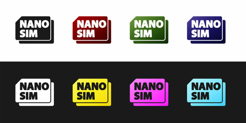 Set Nano Sim Card icon isolated on black and white background. Mobile and wireless communication technologies. Network chip electronic connection. Vector