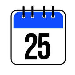 Calendar day 25. Number twenty five on a white paper with blue border isolated on white background. Vector ilustration.