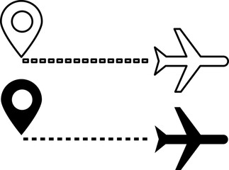 Plane and track icon on a white background. Aircraft trail with dotted line. Aircplane tracking on route.eps