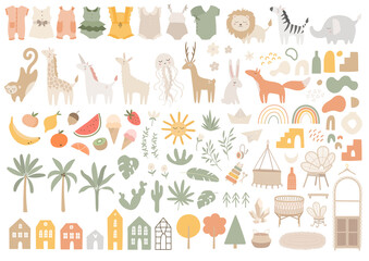 Big set with nursery essential elements, clothes, toys, furniture, decoration. Dress, baby rompers, lion, giraffe, deer, fox, fruits, palm tree, plant, houses, cradle, chair, shelf, rainbow. Baby room - 511506236