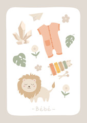 Cute set with childish elements, baby romper, lion toy, xylophone, flowers, leaf, crystal, paper plane. Kid poster, birthday invites, baby shower. Nursery elements, playroom for boy