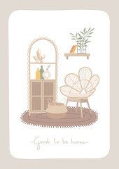 Interior scene with wicker boho furniture. Cozy home, shelf, rack, armchair, carpet, plants. Mid century modern furniture. Trendy scandinavian hygge living room interiors. Flat vector card, poster