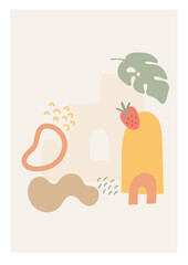 Modern abstract poster, card with palm leaf, round shapes, minimal covers design. Colorful geometric background, vector flat illustration for wall decoration, postcard or brochure