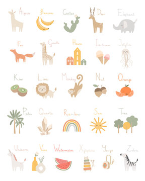 Alphabet poster for children, vector letters, words, animals, things. ABC kid poster. Education for baby, flora and fauna characters. Trendy abstract elements. English preschool alphabet.