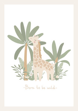 Cute vector with giraffe and palm trees, leaves, branches. Cartoon animal and banana trees, jungle elements, wild animal. Design for card, poster covers, nursery decoration