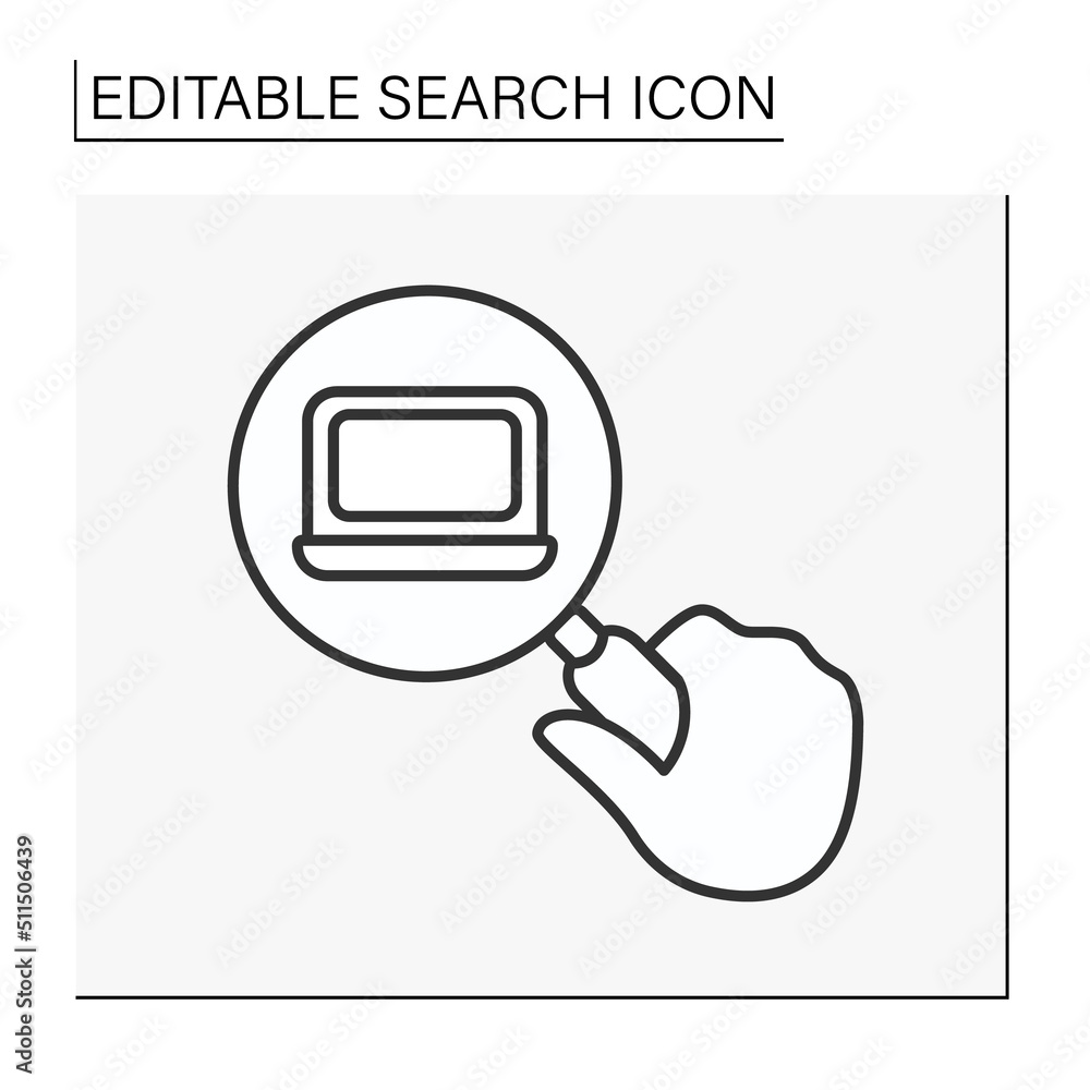 Poster seo line icon. looking through a magnifier. searching for electrical device. laptop.. search concept
