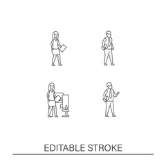 Back to work line icons set. Comfortable workplace for employees. Modern professions. Business concepts. Isolated vector illustrations. Editable stroke