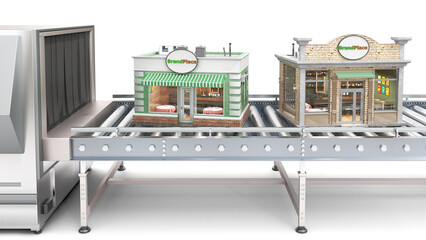 Franchise buildings on a conveyor belt that lays out of machine, franchise releasing concept, conveyor delivery and production concept, isolated on white background, 3d illustration - obrazy, fototapety, plakaty