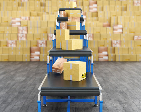 Front view on boxes move along the conveyor belts, big stack of boxes on a blurred background, 3d illustration