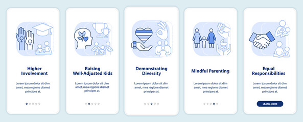 Same sex parenting benefits light blue onboarding mobile app screen. Walkthrough 5 steps editable graphic instructions with linear concepts. UI, UX, GUI template. Myriad Pro-Bold, Regular fonts used