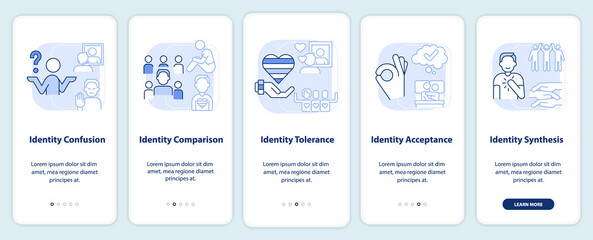 Stages of coming out light blue onboarding mobile app screen. Walkthrough 5 steps editable graphic instructions with linear concepts. UI, UX, GUI template. Myriad Pro-Bold, Regular fonts used
