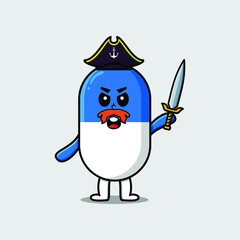 Cute cartoon mascot character capsule medicine pirate with hat and holding sword in modern design