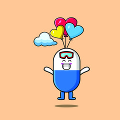 Cute cartoon Capsule medicine mascot is skydiving with balloon and happy gesture cute modern style design 