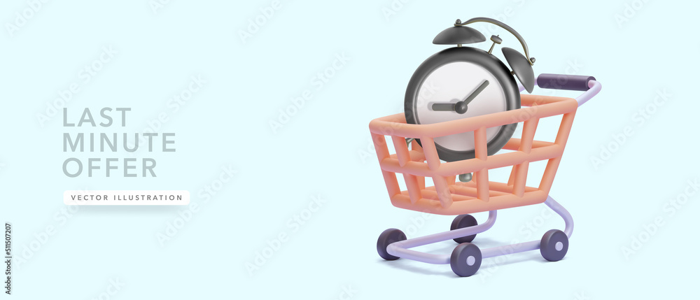 Poster shopping cart with alarm clock inside in 3d realistic style. vector illustration